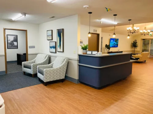 Bright reception area with modern decor, featuring patterned chairs, a welcoming front desk, and wall art
